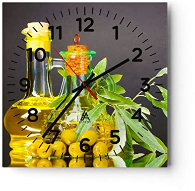 ARTTOR Moderne Glasuhr 30x30cm Quadrat Wanduhr Küche - 2168 | Flasche Krug Olive Glas Analog Wanduhr Lautlos Wanddekoration Wohnzimmer Büro Küche Wanddeko Küchenuhr Geräuschlos ARTTOR