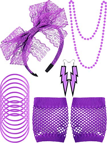 80s Bandeau en Dentelle Boucles d'oreilles Gants Résille Collier Bracelet pour Partie de 80's (Violet)