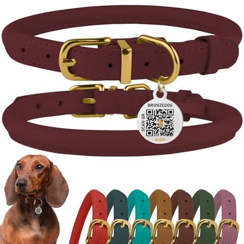 BronzeDog Rolled Leather Dog Collar with QR ID Tag, Adjustable Soft Round Collars for Small Medium Large Dogs Puppy (16 - 19 Neck Size, Burgundy)