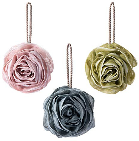 Pincy 3-Pack Soft Mesh Poufs - Rose Flower Shape Shower Puff Loofah, Exfoliating Bath Sponge Scrubber Ball, 3 Colors Suitable for All Family
