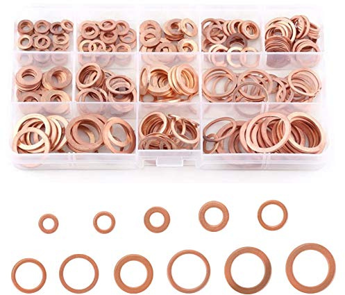 KINDPMA 300 Stück Kupferdichtringe Kupfer Flach Unterlegscheiben Kupfer Dichtung M5-M16 Kupferring Sealing Ring Flache Dichtring Sortiment Kit mit Box für Schrauben Verbindungselemente (11 Größen)