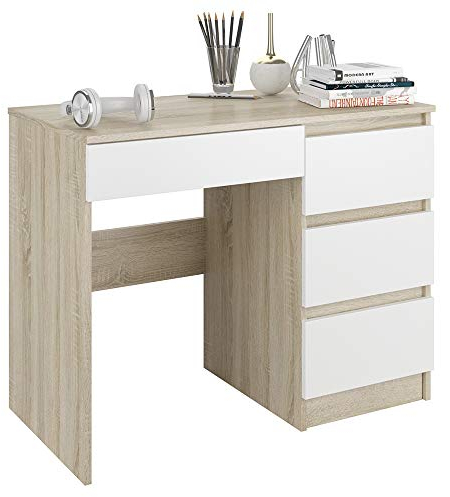 Framire N-34 Schreibtisch in Sonoma Eiche mit Weiß, Computertisch mit 4 Schubladen, Schreibtisch für Schlafzimmer, Wohnzimmer, Studio, 96 x 50 x 76 cm