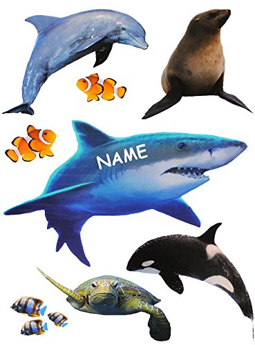 alles-meine.de GmbH 8 TLG. Set Fensterbilder - Hai Fische/Delfin/Schildkröte - incl. Name - Sticker Fenstersticker Aufkleber - selbstklebend + wiederverwendbar - Fenste..
