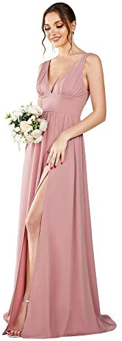 Ever-Pretty Robe Longue Femme Soiree Fendue Col V Mousseline de Soie sans Manche A Line Chic Rose poussiéreuse 50