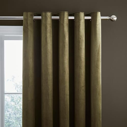 Catherine Lansfield Kingsley Matt Velvet 66x90 Inch Lined Eyelet Curtains Two Panels Olive Green