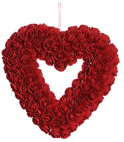 JINGHONG Roter Herzkranz, 33 cm, künstlicher Rosenkranz, Blumenkränze für Haustür, mit künstlichen roten Rosen, für Geschenke, Jahrestag, Hochzeit, Kerzenlicht, Abendessen, Dekoration
