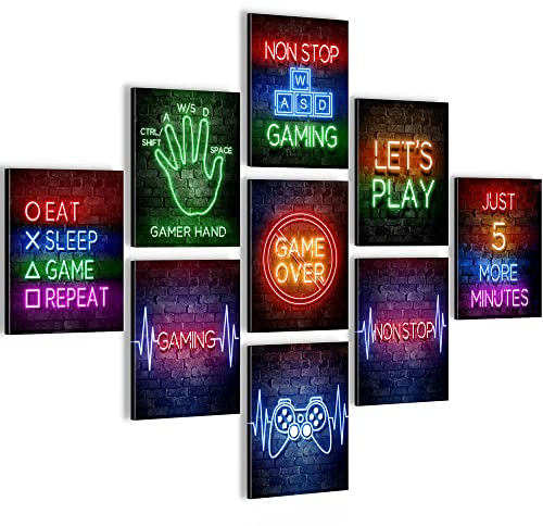 Novart Wandbilder Spielkonsole - KOMPLETT AUFHÄNGFERTIG - Gamer Kinderzimmer Junge Teenager- 9 Moderne Bilder Set - N026291a