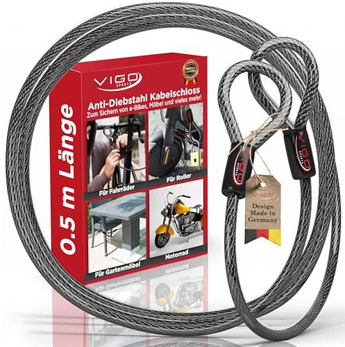 VIGO SPORTS® Panzer Stahlseil mit Ösen [50cm] I 6mm starkes Kabelschloss zum Schutz deines Fahrrad, Grill, Gartenmöbel oder Kinderwagen vor Spontan Diebstahl I Witterungsbeständig und Langlebig