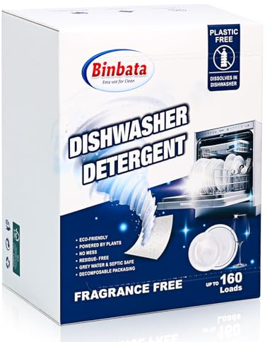 Binbata Eco-Friendly Dishwasher Detergent Sheets up to 160 Charges, Unscented Plastic Free Dishwashing Soap Strips with High Efficiency Solid Enzyme, Leaving Dishes Clean with
