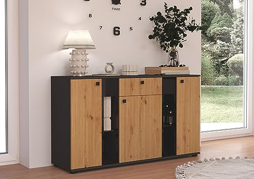 Kuechen-preisbombe Kommode Salsa 2 Lamellenoptik Anbauwand Wohnwand Sideboard MDF Artisan + Grau