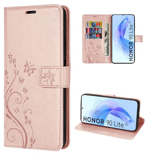betterfon Hülle Kompatibel mit Honor 90 Lite | Premium PU Leder Handyhülle Wallet Case für 90 Lite | Schutzhülle Blumen Klapphülle Handyhülle | Rosegold