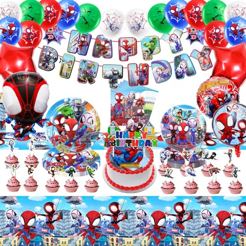 Partygeschirr Kindergeburtstag, 79 Stück Geburtstagsdeko Deko Geburtstag Kinder mit Cartoon Party Set-Banner Luftballons Servietten Tischdecke Geburtstag Deko für 10 Kinder