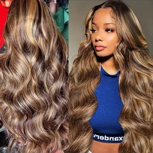 Echthaar Perücke 13x4 Body Wave Lace Frontal Wig Human Hair (28 inch) Perücke Damen Brazilian Curly Human Hair Wig 150% Density Glueless Wig Highlight Blond #4/27 Color