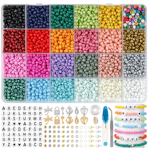 RUBY 4mm Abalorios para Hacer Pulseras, 24 Colores Cuentas para Pulseras con 300 Letras Kit de Pulseras, Abalorios Pulseras Regalo para Niños y Adultos en Navidad, Fiestas, Recompensass, etc.