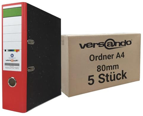 versando 5x breiter Premium Ordner DIN A4 Rücken 8cm Aktenordner Ringordner - Blauer Engel zertifiziert - rot