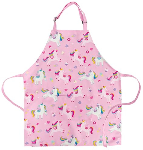 DECOWALL Kinder Schürze – 1 oder Set aus 2 Kochschürzen für Kinder zum Kochen, Backen, Malen & Basteln mit Tasche & verstellbarem Riemen – Einhorn, Cupcake, Dinosaurier, Weltraum Designs