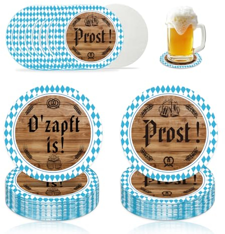 ZTA 48 Stück Oktoberfest Deko Bierdeckel Untersetzer aus Pappe O'zapft is! Prost! Bayrische Dekoration Bayern Party Set Tischdeko für Gartenparty, Grillparty und Mottoparty