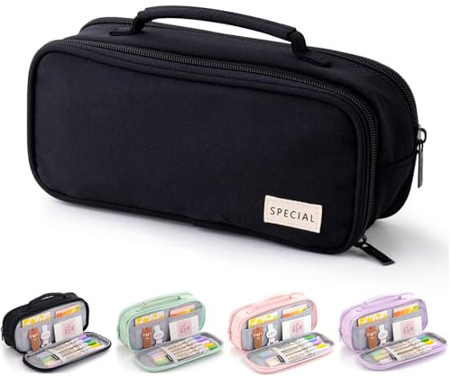 Boziee Federmäppchen 3 Fächer große Kapazität Federtaschen Mäppchen Pencil Case mit Tragegriff für Schule, Büro, Jugendliche, Erwachsene (Schwarz)