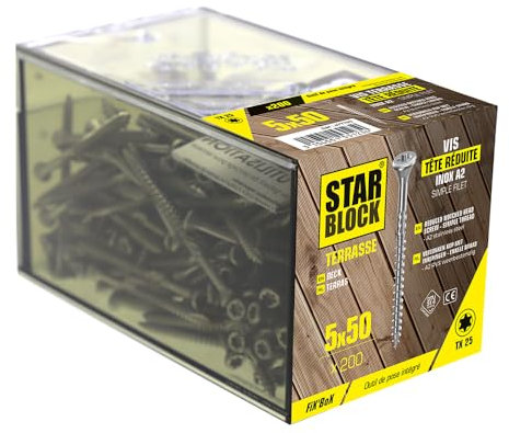Starblock - Vis terrasse, 5x50, Acier Inoxydable A2, Tête réduite, Empreinte Torx, Pointe entaillée, FixBox de 200