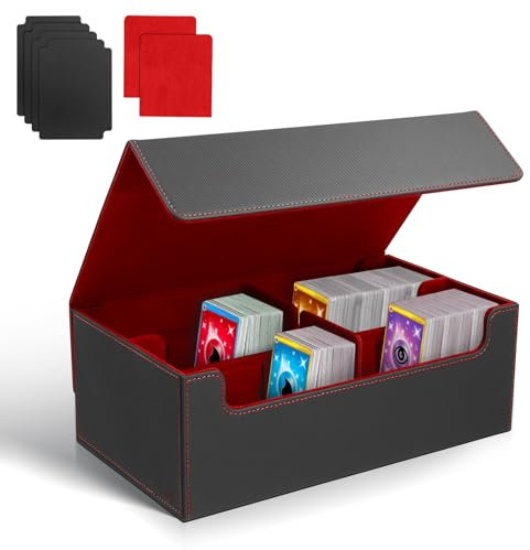 Card Storage Box for Trading Cards, PU Leather Commander Card Deck Case, Magnetic Closure Card Holder for MTG, Case Organizer with 4 Dividers Tabs and 2 Card Supporters(black red)