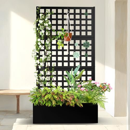 Metal Planter Box with Trellis & Wheels, Raised Garden Bed with Privacy Screen, Outdoor Standing Flower Beds with Drainage Hole for Climbing Plants, Vine, 35 Lx16 Wx71 H
