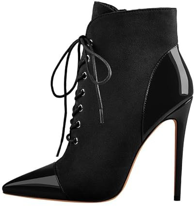 blingqueen Damen Spitze Stiefeletten Kurzschaft Stiefel Ankle Boots mit Stiletto Absatz Lack-, Veloursoptik Schwarz 38 EU