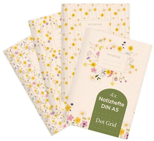 etmamu 1072 4er-Set Notizheft A5 | Wiesenblumen Muster Aquarell | für Notizen, Skizzen, Bullet Journal & Planungen | Punktraster