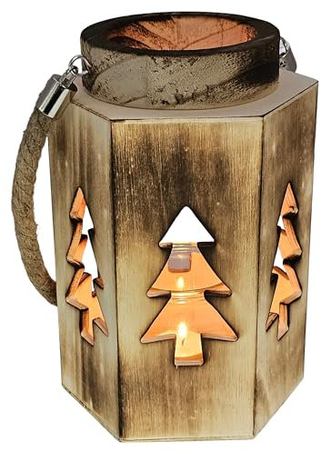 Bambelaa! Weihnachtliche Motivlaterne Vintage mit Seilgriff aus Holz Glaseinsatz Deko Windlicht Innen und Außen für Haus Garten rustikale Holzlaterne Kerzenhalter ca. 14 x 16 x 23 cm Tannenbaummuster