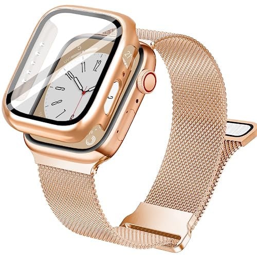 Vamyzji Compatible with Apple Watch Series 10 Strap 42mm + Protective Case with Screen Protector, Magnetic Milanese Mesh Metal iWatch Strap for Apple Watch Series 10 42mm(Rose Gold, Series 10 42mm
