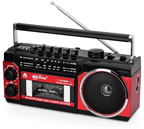 Cassette Player, Portable Cassette Tape Player, Support FM/AM/SW Frequency Band Tape Recorder, Compatible with Cassette/Bluetooth/Card Insertion/Recording, Available Batteries/Electricity (Red)