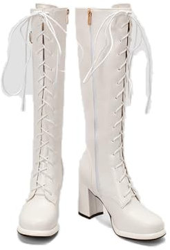 ENWIND Donna Stringati Stivali Invernali Alti al Ginocchio con Tacco Largo,Bianca,43 EU
