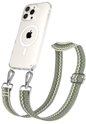 EAZY CASE Handykette - Verstellbares Taschenband kompatibel mit iPhone 16 Pro Max, Schulterriemen, Handykordel mit Silikon Hülle, Qi Charging kompatibel, Umhängetasche, Grün Beige Silber