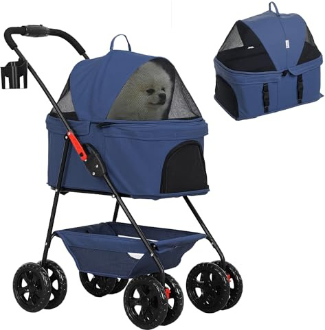 PawHut 3 in 1 Passeggino per Cani di Taglia Mini, Carrello Passeggino Pieghevole con Borsa Trasportino e Cestino Inferiore, Carrozzina per Cani Piccoli e Gatti con Guinzaglio e Portabicchieri, Blu