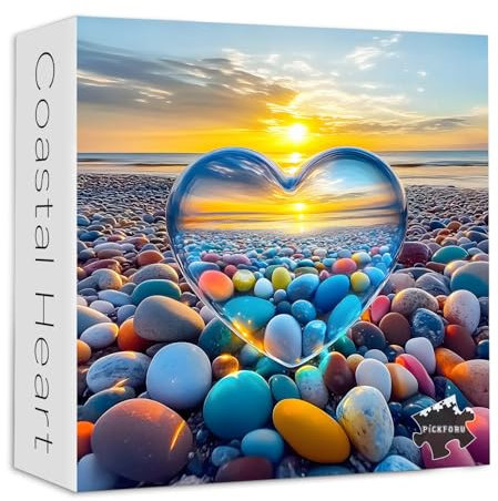 Crystal Heart Puzzles for Adults 1000 Pieces, PICKFORU Colorful Summer Beach Sunset Jigsaw Puzzles, Difficult Love Cobblestone Theme as Home Decor