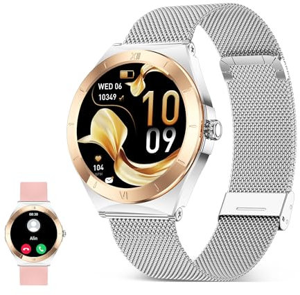 KSIX LYA Smartwatch Mujer, Pantalla AMOLED 1.19, Autonomía 5 días, Modos Deporte y Salud, Notificaciones, Llamadas, Asistente de Voz, Correa Metal y Silicona, Plata