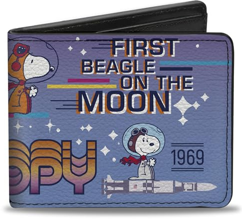 Peanuts Wallet, Bifold, Snoopy First Beagle on the Moon Poses Blue Multi Color, Vegan Leather