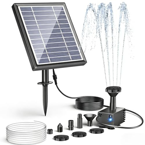 POPOSOAP Solar Water Pump, 3W Solar Fountain Pump for Small Bird Bath Pond. | Upgraded Tempered Glass Panel, 5 Nozzles, Auto Dry-Run Protection & Dual Filtration, 4ft Tubing, 140° Bracket for Small Pond