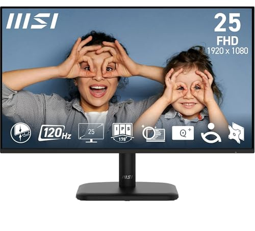 MSI PRO MP251LDE E2 Moniteur de bureau FHD 24,5 - Panneau IPS 1920 x 1080 - Sans cadre 4 côtés - Taux de rafraîchissement de 120 Hz - Écran doux pour les yeux - Inclinaison réglable - HDMI 1.4b