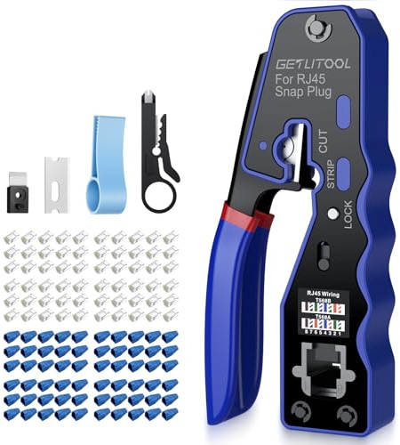GETLITOOL Netzwerk Werkzeug Set, RJ45 Crimpzange Cat5e/Cat6/Cat6a/Cat7 mit 60 x RJ45 Stecker Cat6 Pass Through, Mini-Abisolierer, RJ45 Presszange Schneiden/Abisolieren/Crimpen