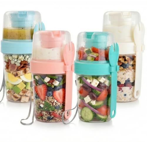 ALINK 4er Pack wiederverwendbare Joghurt-Parfait-Becher mit Deckel und Löffel, 27 oz, Cerealien-Parfait-Becher mit Salatbox, Behälter für über Nacht eingeweichte Haferflocken