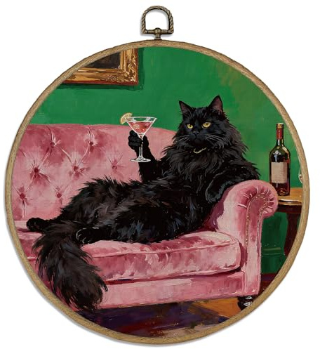 DELORIGIN Lustiges Gerahmtes Wandbild Mit Schwarzer Katze 10 rundes Vintage Wandbild Mit Vintage Haken Zum Aufhängen von Kunstdrucken Für Wohnzimmer Flur Und Treppenhaus