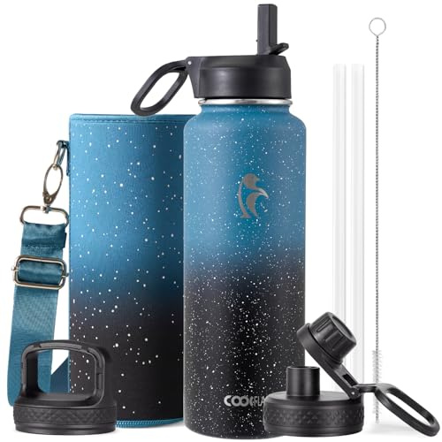 Coolflask 1180ml Insulated Water Bottle with Straw & 3 Lids, Metal Water Bottle for Sports or Office, Double Vacuum Leak Proof Cold and Hot Water Bottle, Turquoise