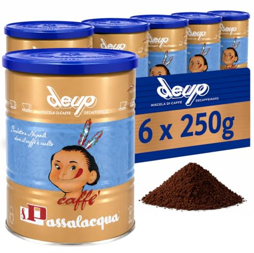 Passalacqua Deup Caffè Premium Macinato Decaffeinato – 6 Lattine 250g (1,5kg) - Tostatura Autentica Napoletana 80% Arabica - Ideale per Moka ed Espresso - Aroma Intenso con Note di Cioccolato e Miele