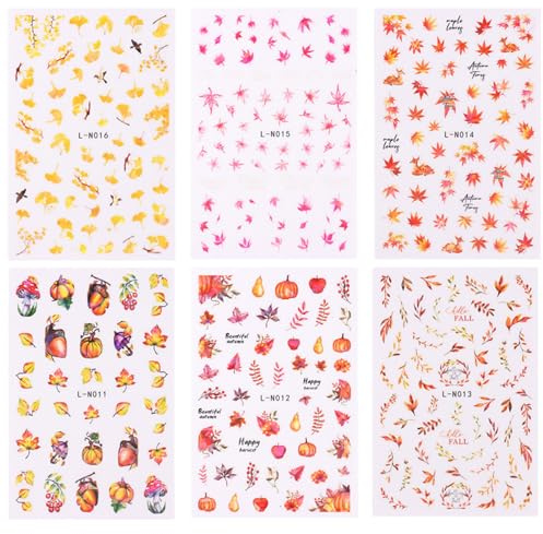 Autumn Nails Art Stickers 6 Sheets Maple Leaves Pumpkin Decals Adhesive Decoration for Thanksgiving Party Nails