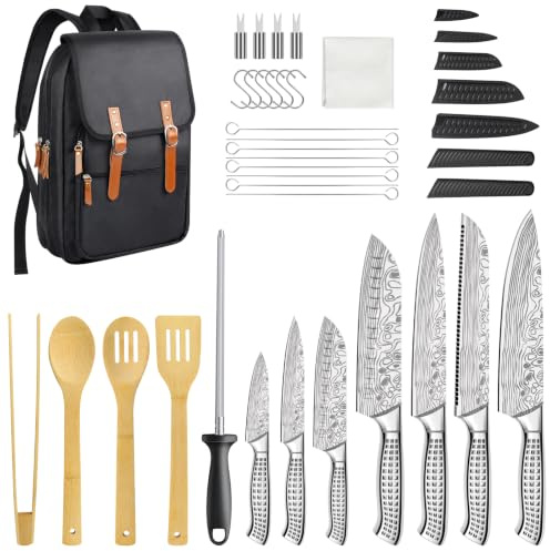 MOSFiATA Kitchen Knife Set, Portable Chef Knife Set with Backpack | 7 Professional Sharp Knives, BBQ Grilling Tool Kit, Cooking Spatula Spoon Anti-Scalding Clip, Sharpener Sheath Storage Bag