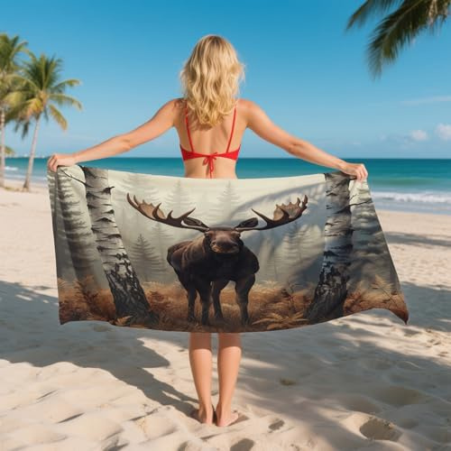 AevuCub Strandtuch Elch Motiv Wald Jagd - Mikrofaser Handtuch 80x160 - Schnelltrocknend & Sandfrei & Kompakt - Microfaser Handtücher - Badetuch Strand Leicht - Kinder Damen Herren