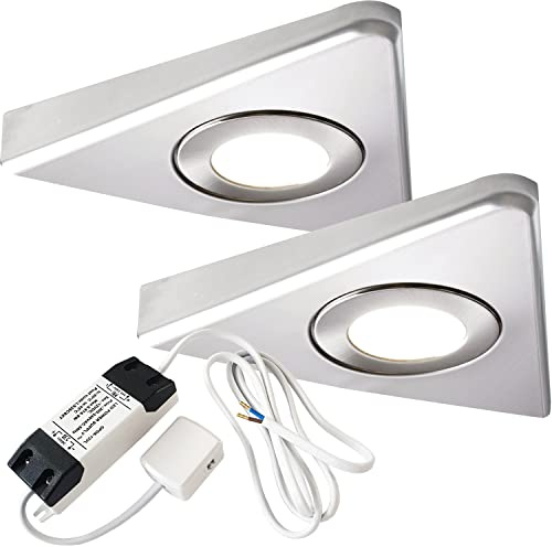 Modern Triangle Under Cabinet Kitchen Light & Driver Kit - Smooth Diffused LED - Slim Pyramid Worktop - Low Profile Surface Mounted (2X & Driver, Warm White LED, Brushed Nickel Bezel)