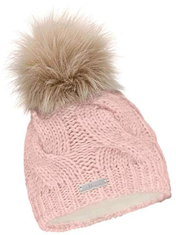 Mikos* Damen Warme Strickmütze mit Bommel | Innenfleece Damenmütze Gestrickte Bommelmütze | Mütze für Winter | Weiche Wintermütze | Farbenauswahl (685) (Rosa)