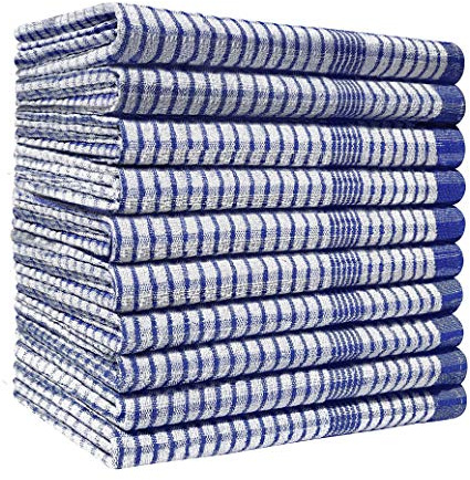 Pack of 10 Heavy Duty (80gm/pc) WonderDry Checked Cotton Kitchen Tea Towels - Absorbent - Long Lasting – Professional Grade - Lint Free, Fade Resistant – Bar, Catering Restaurant Cloth- 50 x 70 cm