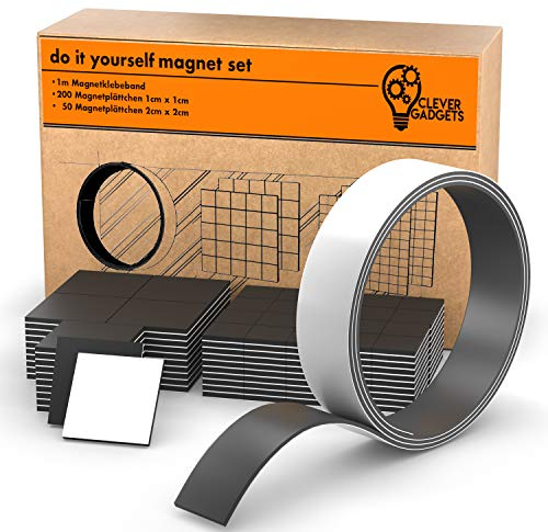 Clever Gadgets MAGNETSET | 250 Magnetplättchen (2x2cm & 1x1cm) + 1m Magnetband | 3 in 1| selbstklebend | zuschneidbar | schwarz | flach | Magnetstreifen | Magnetklebeband
